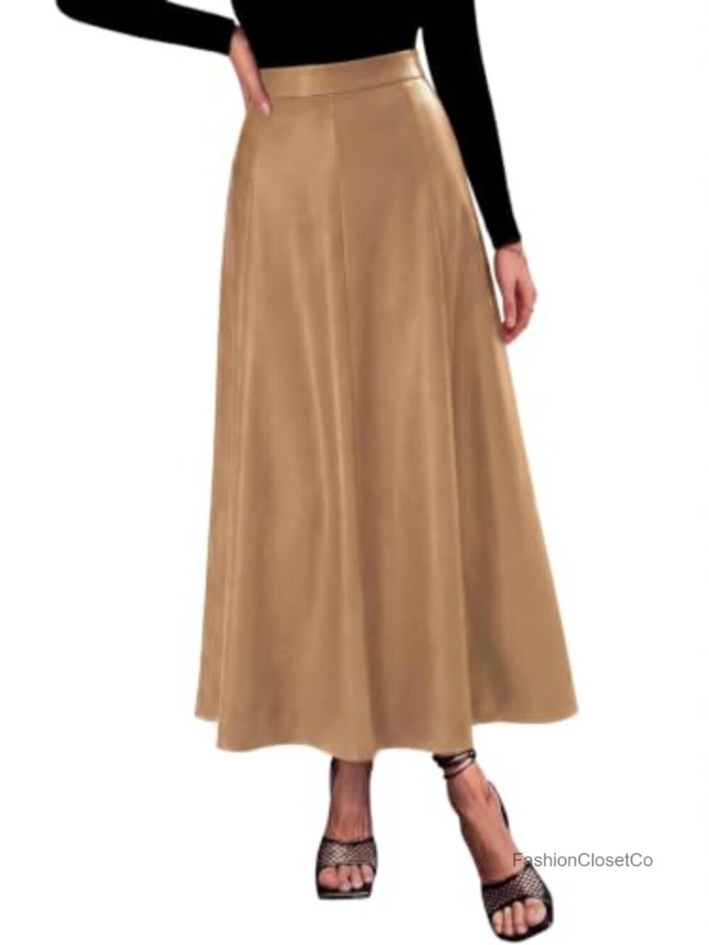 Faux Leather High Waisted Midi Skirt A-Line Pleated Flowy Office Wear